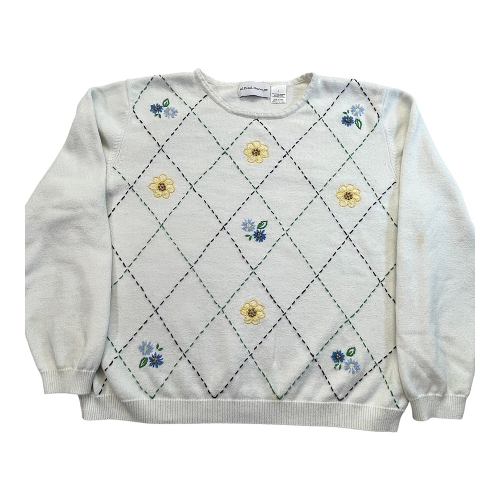Alfred Dunner Wms Floral Argyle Beaded Knit Sweater Sz L Cottagecore Grandmacore